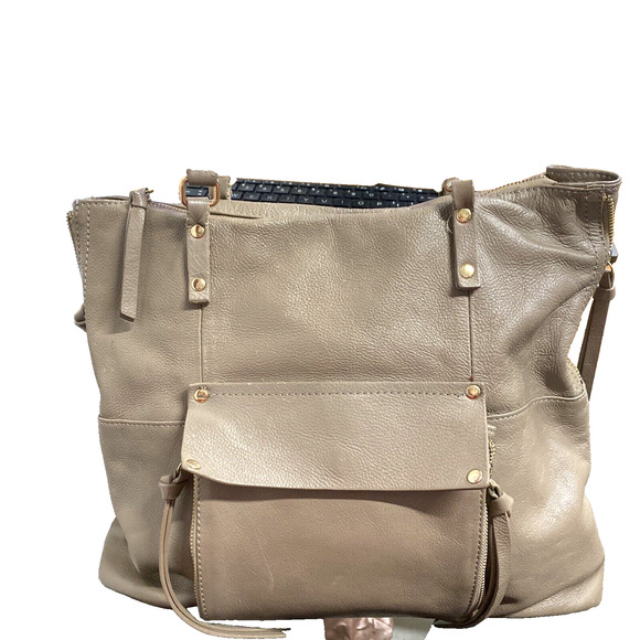 KOOBA Everette Large Leather Satchel Tote Bag Dark Beige Pockets Tassels Zippers - Picture 2 of 15